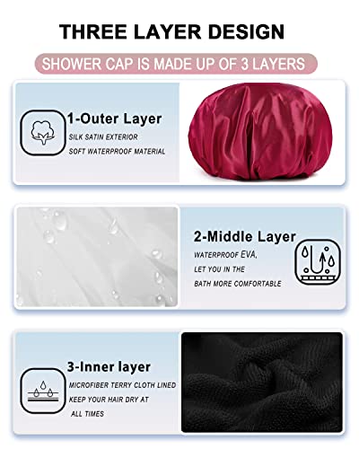 YIZIJIZI Triple Layer Reusable Waterproof Shower Cap for Women Large Terry Lined Hair Cap for Long Thick Hair Travel Bath Care Red - color: Red
