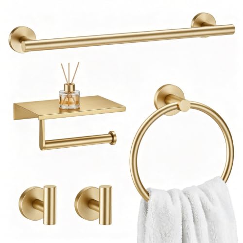 Gold 5-Piece Bathroom Hardware Set, 23.6 Inch Towel Bar Set SUS304 Stainless Steel Towel Racks for Bathroom Round Towel Bar, Towel Ring, Toilet Paper Holder, 2 Robe Hooks, Wall Mounted - color: Gold