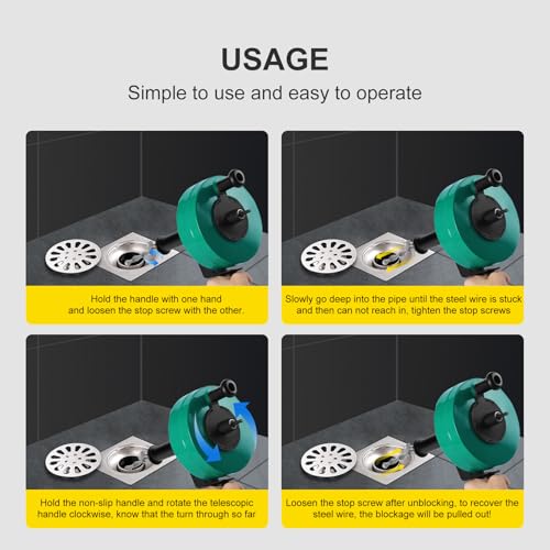 Drain Snake Auger, 50 Feet Flexible Plumbing Snake with 1/4" Drill Adapter, Manual or Drill Powered Drain Cleaner for Kitchen Sink, Bathroom & Shower Drains, Includes Gloves Storage Bag, Green - color: Green-50FT