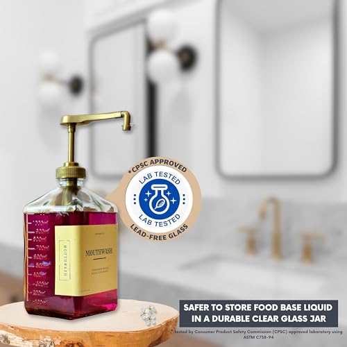 eBun Gold Mouthwash Dispenser Set, 37oz Glass Bottle with Pump & Cups | Large capacity pump dispenser for bathroom. Includes glass mouth wash bottle & matching cups for stylish daily oral care - color: Gold