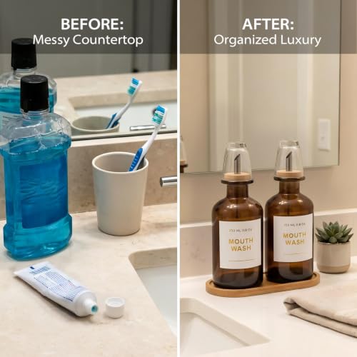 11.8OZ Glass Mouthwash Dispenser for Bathroom with Stainless Steel & Bamboo Nozzle, Mouthwash Cup Reusable, Bamboo Tray, and Elegant Gold Sticker.Set of 2（Amber - color: Amber/350*2