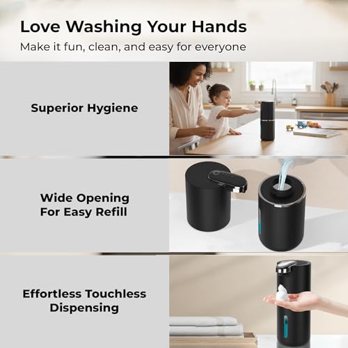 Automatic Foaming Soap Dispenser, Black | IPX5 Waterproof 12.8oz / 380mL Capacity 4 Adjustable Foam Levels USB-C Rechargeable Long-Lasting Battery - color: Black (Foamy)