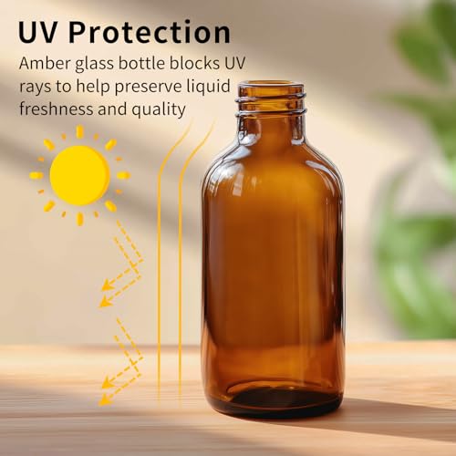 35 Pack 4oz Amber Glass Boston Round Bottles with Polycone Leak-Proof Phenolic Caps – Brown Airtight Refillable Containers for Homemade Vanilla Extract, Essential Oils, Herbal Medicine, and Syrups - size: 4oz