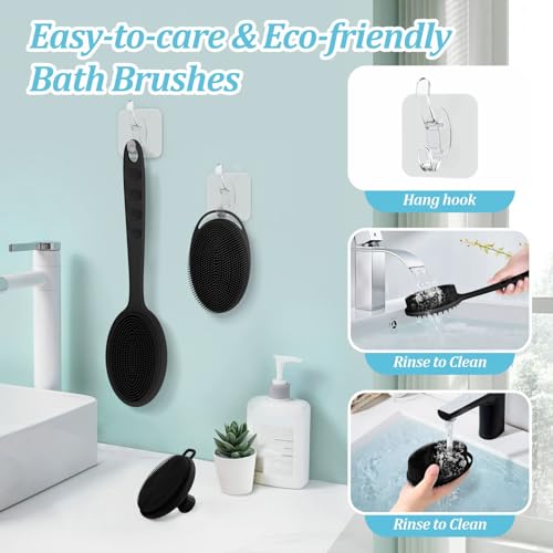 Silicone Back & Body & Face Scrubber Set 3PCS, Gentle Exfoliating Back & Body Scrubber with Dual-Side Brush Head, Hygienic Silicone Loofahs with Soft Bristle and Non-Slip Handle(Black-3PC) - color: Black*3