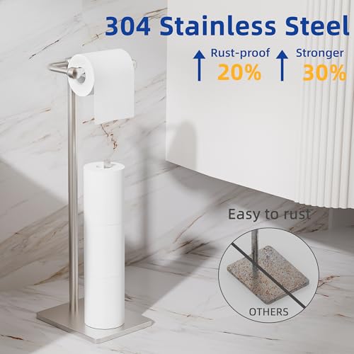 RUACQ Toilet Paper Holder Stand, Bathroom Toilet Paper roll Holder Free Standing with Storage for 4 Rolls, Post Pivoting Design, Stable Weighted Base, SUS304 Stainless Steel (Brushed Nickel) - color: Brushed Nickel, size: Free Standing with Storage