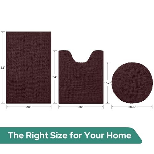 HOMEIDEAS 3 Pieces Brown Bathroom Rugs Set, Ultra Soft Non Slip Bath Rug and Absorbent Chenille Bath Mat, Includes U-Shaped Contour Rug, Bath Mat and Toilet Lid Cover Set Perfect for Bathroom - color: Brown, size: 20"x32"+U 20"x24"+Cover 18"x21"
