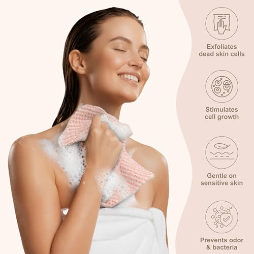 Yiclick Dual-Textured Exfoliating Washcloth Towel - Back Scrubber for Use in Shower Bath, Exfoliating Body Scrubber Exfoliator, Japanese Exfoliate Loofah Lufa Sponge Wash Cloth for Women Men - color: Pink