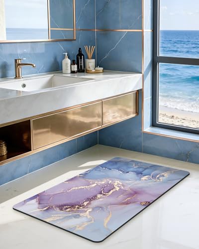 DEXI Bathroom Mat Ultra Thin, 43x24 Non Slip Bath Rug for Shower Floor, Absorbent Quick Dry Marble Bathmats Low Profile, Blue and Purple - color: Blue and Purple, size: 43" X 24" (Rectangular)