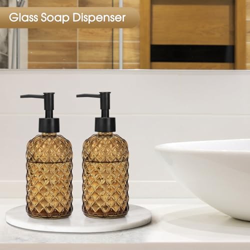 2 Pack Gem Glass Soap Dispenser with Black Plastic Pump, 13oz Liquid Hand Soap Dispenser, Rustproof Pump for Kitchen & Bathroom, Great for Lotions, Essential Oil, Liquid Soaps-Amber - color: Gem-amber, size: Plastic Pump