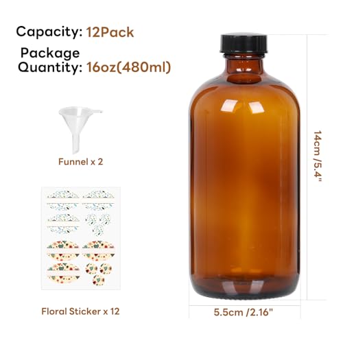 STARSIDE 12 Pack 16 oz Amber Glass Bottles with Lids, 480 ml Round Boston Bottles for Essential Oils, Hot Sauce, Juice, Liquids, Include 2 Funnel, 12 Labels. - size: L