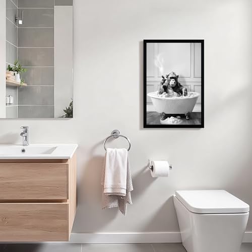 Urmoya Funny Monkey Bath Bathroom Decor Canvas Wall Art 16x24 in | Wood frame, Black and white bathroom decor, Funny chimpanzee in bathtub, Canvas print, Ready to hang - color: Chimpanzee, size: 24"L x 16"W