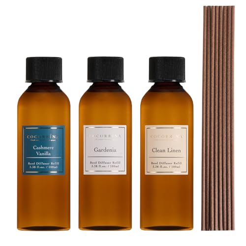 COCORRÍNA Reed Diffuser Refill Set, 10.2oz Scented Oil Refill 3 Pack, Clean Linen, Cashmere Vanilla, Gardenia, Long Lasting Oil Diffuser Refill with 18 Sticks for Bathroom & Bedroom