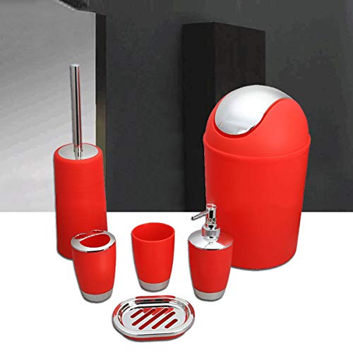 6Pcs Bathroom Accessory Tumbler Toothbrush Holder Bin Soap Dish Dispenser (Red) - color: Red
