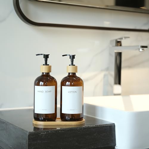 Amber Glass Soap Dispenser with Bamboo Pumps&Tray&Labels, Hand Dispenser, Lotion Dispenser, Dish Soap Dispenser for Kitchen Sink. (Amber) - color: Amber