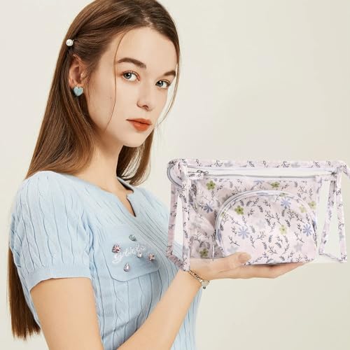 Richeart Makeup Bag, Clear Bag with Zipper, 3PC Floral Flowers Makeup Pouch, Waterproof Small Pouch, Portable Travel Toiletry Bag, D - style: D