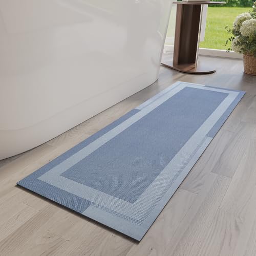 YDKGL Non Slip Long Bath Mat Bathroom Runner, Rubber Backing Ultra Thin Bathroom Rugs Fit Under Door Quick Dry Super Absorbent Washable Bath Rug Shower Mat for Bathtub Sink Floor, Blue 17"x47" - color: A- Blue, size: 17” x 47“