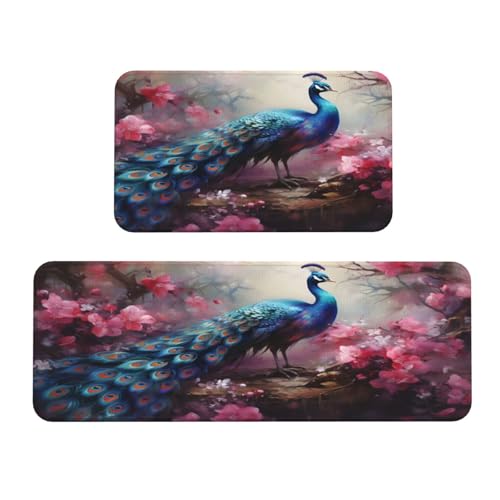 Pink Floral Peacock Bird Kitchen Rugs Mats Set of 2 Pcs Non-Slip Floor Mats Washable Runner Rugs Set for Bathroom Laundry Hallway Kichen Comfort Standing Mat - color: Pink Floral Peacock Bird