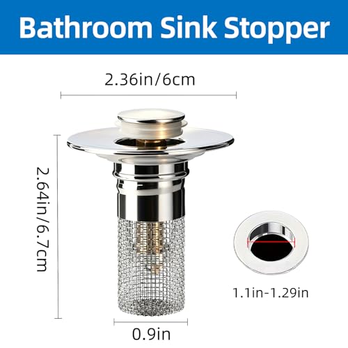 Sink Stopper Hair Catcher, Pop-up Sink Drain Strainer with Removable Stainless Steel Strainer Basket Hair Catcher, Bathroom Sink Strainer for Bathroom Sink Stopper Replacement(1PCS)