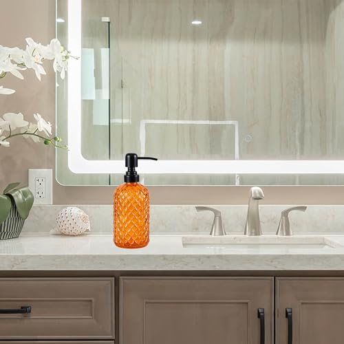 12Oz Glass Soap Dispenser with 304 Black Rustproof Stainless-Steel Pump, Refillable Glass Soap Dispenser for Kitchen, Bathroom, Farmhouse - color: Orange
