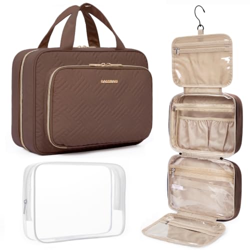 BAGSMART Toiletry Bag Hanging Travel Makeup Organizer with TSA Approved Transparent Cosmetic Bag Makeup Bag for Full Sized Toiletries(Coffee Brown) - color: Coffee Brown, size: Medium