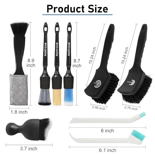 MVEQRRN 9PCS Car Detailing Brushes Set, Boar Hair Detail Brushes,Car Detailing Wheel Kit (Black) | Ultra Soft No Scratch, Car Dust Brush,Car Detailing Brushes Kit, Detail Brushes Car Detailing for Interior Exterior - color: 9pcsblack detail wheel brush se