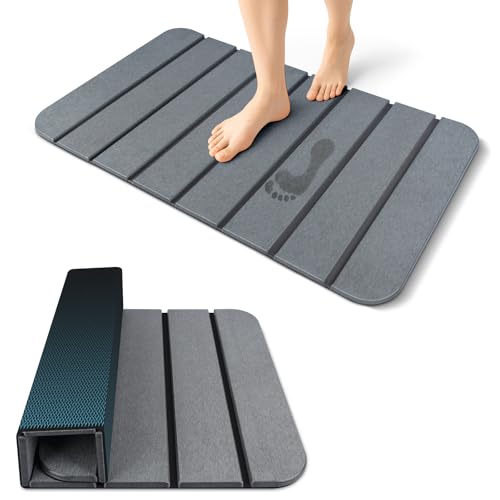 ArtyCozy Large Foldable Stone Bath Mat 28''×17'' with Non-Slip Rubber Base, Super Absorbent Quick Drying Diatomaceous Earth Mat for Bathroom, Easy to Store, Easy to Clean, Grey