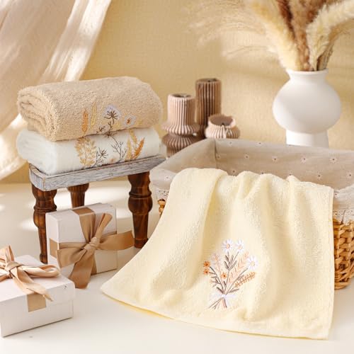 Tingjoo 3 Pcs Neutral Boho Flowers Hand Towels Farmhouse Floral Taupe Pale Orange Wildflowers Bath Towels Washable Soft 14x29 Inch Embroidered Boho Cotton Decorative Decor for Bathroom Kitchen - color: Taupe Pale Orange Beige, style: Bohemian