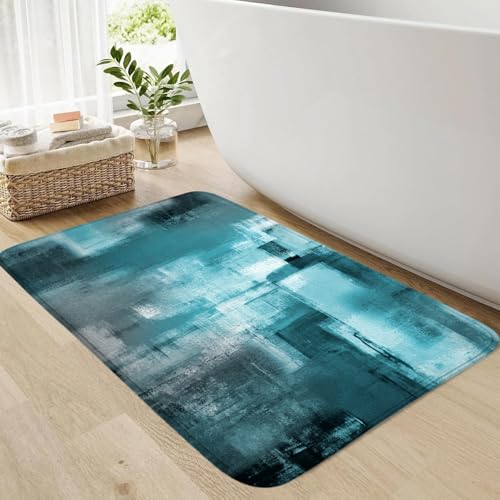 Teal Blue Abstract Bath Rug, Modern Grey Art Painting Bath Mat Sets for Bathroom, Soft Non Slip Floor Rugs 17X29 Inch - color: Teal