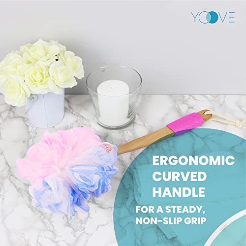 Yoove Loofah Back Scrubber w/Bamboo Charcoal Fiber Infused Bath Sponge, Wooden Handle, Luffa Pouf, Sponge Stick & Hanging Hook for Men & Women, Pink Loofah w/Handle, Loofa, Lufa Body Scrubber Stick - style: Pink
