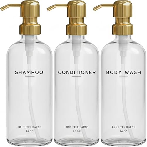 Luxury Shampoo and Conditioner Dispenser Set by Brighter Barns - Shampoo Conditioner Body Wash Dispenser - Refillable Plastic Shower Bottles for Gold Bathroom Decor, Airbnb, Spa, Hotel (Clear/Gold) - color: Clear Gold