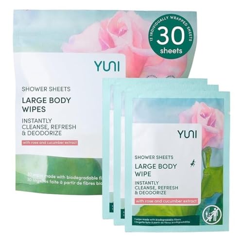 YUNI Beauty Large Body Wipes - Rose Cucumber, 30 Count - Moist Showerless Wipes, Cleanse & Deodorize, On-the-Go Waterless Body Cleanser, Individually Wrapped for Camping, Travel & Gym - size: 30 Count (Pack of 1)
