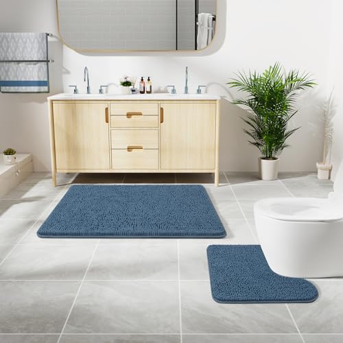 LOCHAS Bathroom Rugs Sets 2 Piece, Soft Non Slip Bath Mat Set, 20''x20'' U-Shaped Toilet Rug and 34''x21'' Denim Blue Bath Rugs, Washable Absorbent Chenille Toilet Rug Set for Bathroom, Shower, Sink - color: Denim Blue