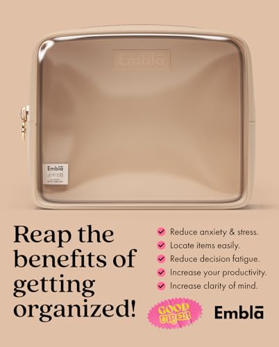 Embla Clear Cosmetic Bag Makeup Case, Clear Zipper Make Up Pouch and Toiletry Travel Tote, Cute Skincare Pouches for Women Girls, Preppy Purse Cosmetic Organizer, Large Makeup Bags, Sand | Large Tan Clear Nylon/PVC Cosmetic Bag with Zipper, Waterproof Bea