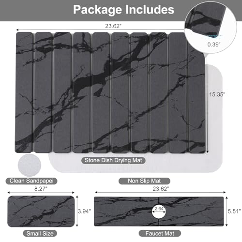 3 PCS Large Stone Dish Drying Mat for Kitchen Counter, Quick Dry Diatomaceous Earth Mat with Sink Faucet Pad, Marble Water Absorbing Stone Drying Mats for Dishes, Bottles and Cups - color: Dark Grey Marble