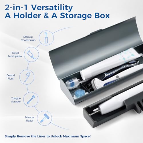 Aluminum Electric Toothbrush Travel Case, 2 in 1 Travel Toothbrush Holder for Oral B/Oral-B Pro 1000 1500 5000 and Most Electric Toothbrush for Traveling, Removable Silicone Liner-Grey - color: Grey