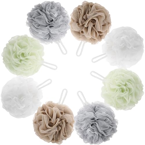 8 Small Mesh Pouf Bath Sponge - Mesh Loofah Body Exfoliating Shower Ball Shower Sponge - color: White,green,brown,gray - 8 Pcs
