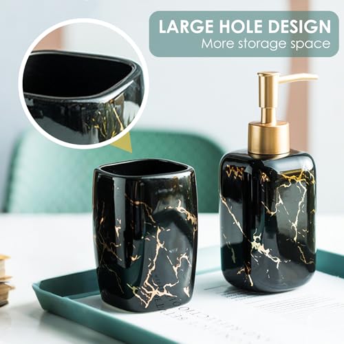 Black and Gold Bathroom Accessories Set, Marble Bathroom Accessories 5 Pieces Ceramic Modern Bathroom Accessories Set with Bathroom Soap and Toothbrush Holder Set, Soap Dispenser, Mouthwash Cups