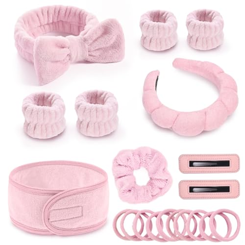 Spa Gift Set: Bubble Headband, Face Wash Headband, Skin Care Wristbands for Ladies and Women - color: Pink