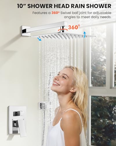 gotonovo Shower System with Tub Spout,Waterfall Tub Shower Faucet Set for Bathroom Head and Handle Set Wall Mounted 3 Function Rough-in Valve and Trim Included 10 inch Shower Head Polished Chrome - color: Polished Chrome, size: 10 inch Shower Head