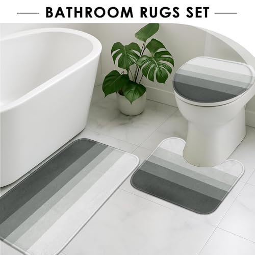 Striped Grey Shower Curtain Set with Toilet Lid Cover and Non-Slip Rugs for Bathroom, Minimalist Neutral Ombre 4 Pcs Shower Curtain, Modern Bathroom Set with 12 Hooks - color: Ombre Grey