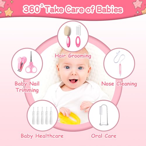 Baby Healthcare and Grooming Kit, 21 in 1 Portable Baby Essentials Kit with Gas Relief Hair Brush Comb Nasal Aspirator for Newborn Boys Girls (Pink) - style: 21 Kits-Pink