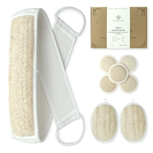 Premium Natural Loofah Exfoliating Scrubber Set - Back Scrubber, Body Pads & Facial Sponges | 8-Piece Bath & Shower Gift Set for Women (Luxury Gift Box)