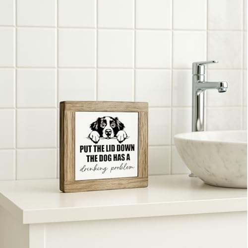 Farmhouse Wooden Bathroom Decor Signs, Funny Restroom Decorative Wooden Box, Toilet Rules Shelf Decoration, Put the Lid Down the Dog Has A Drinking Problem 5.9×5.9 inch - color: color26