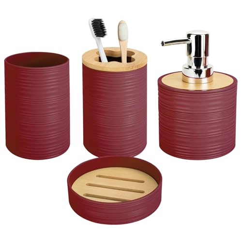 4 PCS Burgundy Bathroom Accessories Set, Includes a Soap Dispenser, Toothbrush Holder, Soap Dish and Mouthwash Cup, Plastics & Bamboo Bathroom Set, Bohemian Style Bathroom Sink Set - color: Burgundy, size: 4 PCS