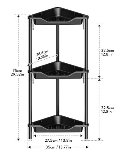 Orimade Rustproof 3 Tier Floor Standing Corner Shower Caddy Organizer, Plastic Aluminum Splicing Floor Corner Shelf Rack Stands for Bathroom, Black - color: Black, size: 3 Tier