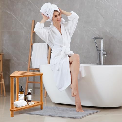 Bamboo Corner Shower Stool,2-Tier Waterproof Shower Stool for Inside Shower Shaving Leg,Small Spaces,Shower Foot Rest with Storage Shelf,Shower Bench,Bath Seat,Corner Nightstand gift for women mom - style: GU-QZST