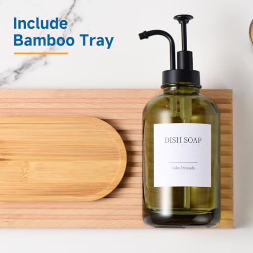 Glass Soap Dispenser with Pump, Dish and Hand Soap Dispenser for Kitchen Bathroom Set, Clear Glass Dispenser Set of 2 Pack with 18 Stickers Funnel Bamboo Tray 500ml 18oz Green - color: Glass Olive Green