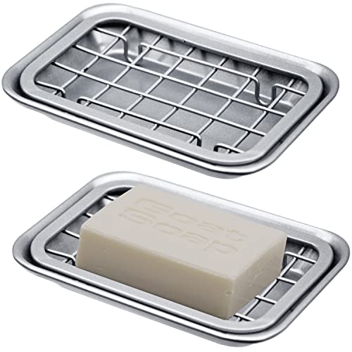 Kitchen and Bathroom Soap Dish Tray - Metal 2-Piece Soap Dish Tray with Drainage Grid and Holder for Kitchen Sink Countertops to Store Soap, Sponges, Scrubbers - Rust Resistant (2 Pack, Silver) - color: Silver