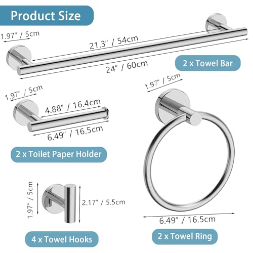 Newfun 10-Pieces Bathroom Hardware Set, Includes 24 Inch Towel Racks for Bathroom Wall Mounted, Toilet Paper Holder, Towel Hooks for Bathrooms, Towel Rings for Bathroom Wall (Polished Chrome) - color: Polished Chrome-ring