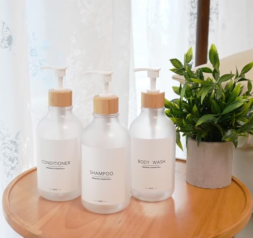 Frosted Plastic Shampoo and Conditioner Bottles, Apothecary Dispenser Bamboo Pump, Refillable Bottles for Shower Lotion, Oil, Hand Soap, Sanitizer, Liquid Soap, Set of 3 with 9 Labels (3, Matte Clear) - color: Matte Clear